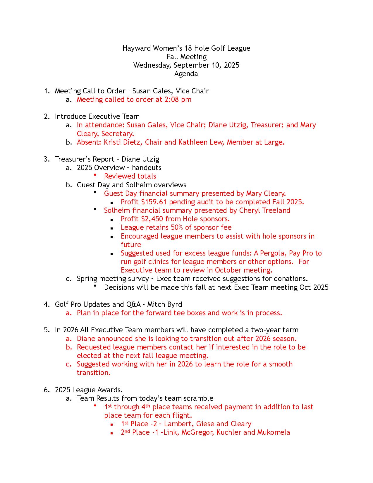 Ladies Fall Meeting: September 10th - Hayward Golf Course